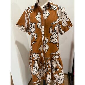Maye Women's Medium Floral Linen Drop waist shirt Dress Casual Resort Brown